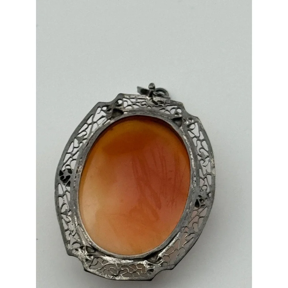 Vintage‎ Art Deco Sterling Silver Filigree Marcasite Carved Shell Cameo Pendant